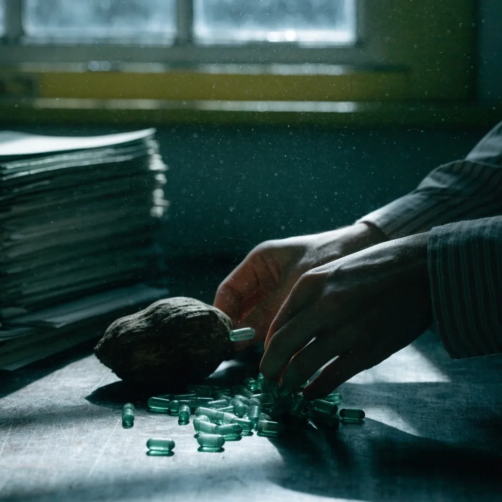 Manos colocando una hoja fresca sobre papel de archivo gris verdoso