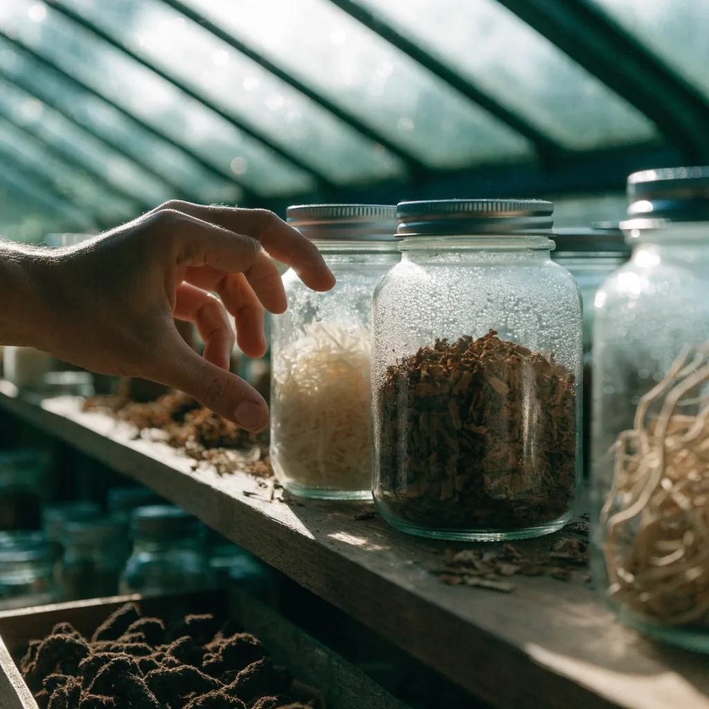 Mesa de trabajo con láminas botánicas secas en un invernadero