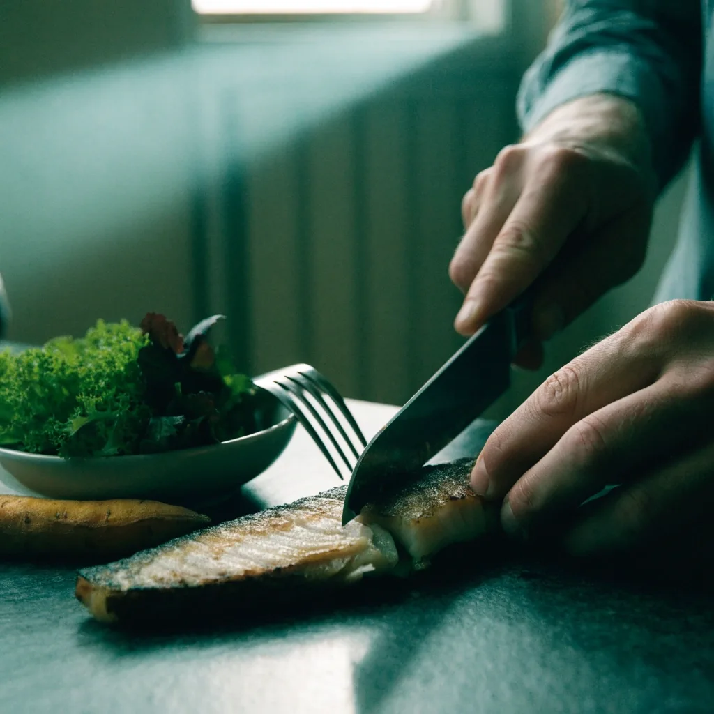 Comida diaria sencilla con proteína y verduras sobre piedra oscura