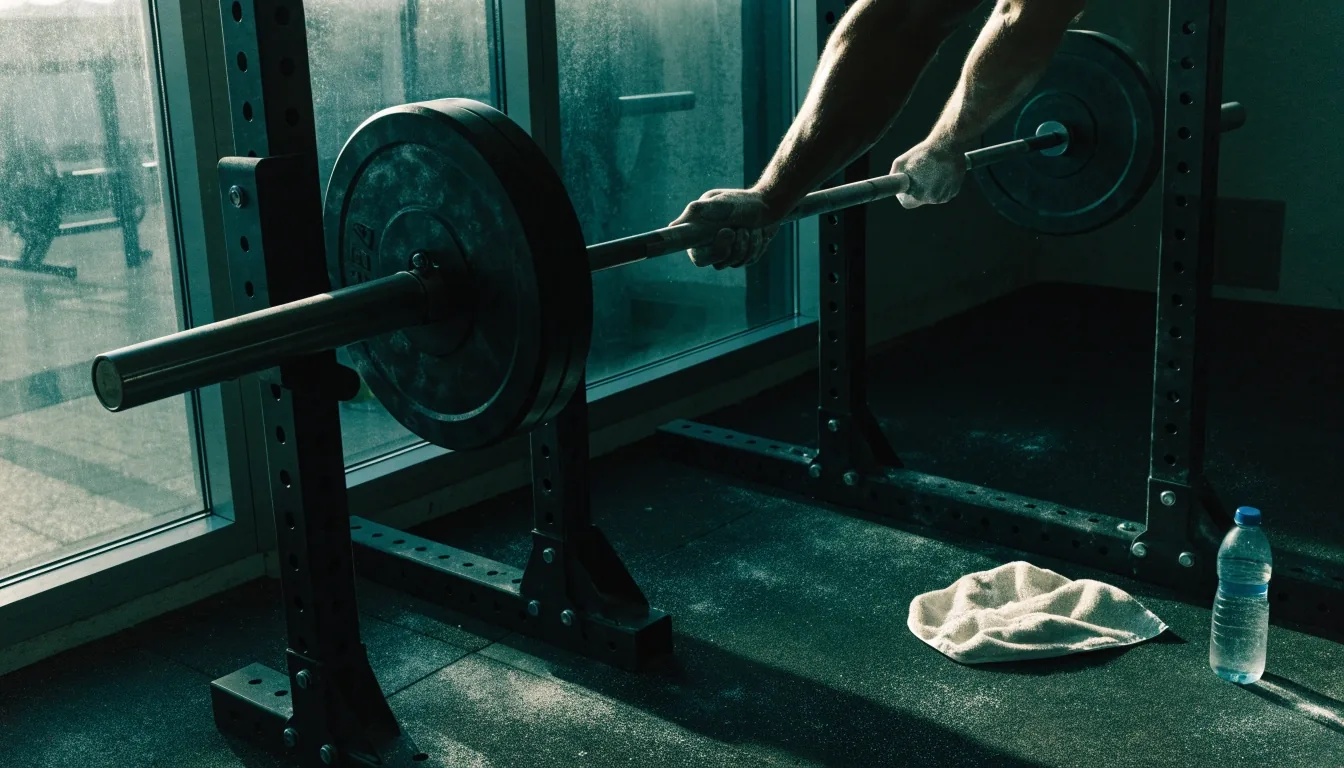 Espacio de entrenamiento sencillo con barra de acero y luz fría de ventana