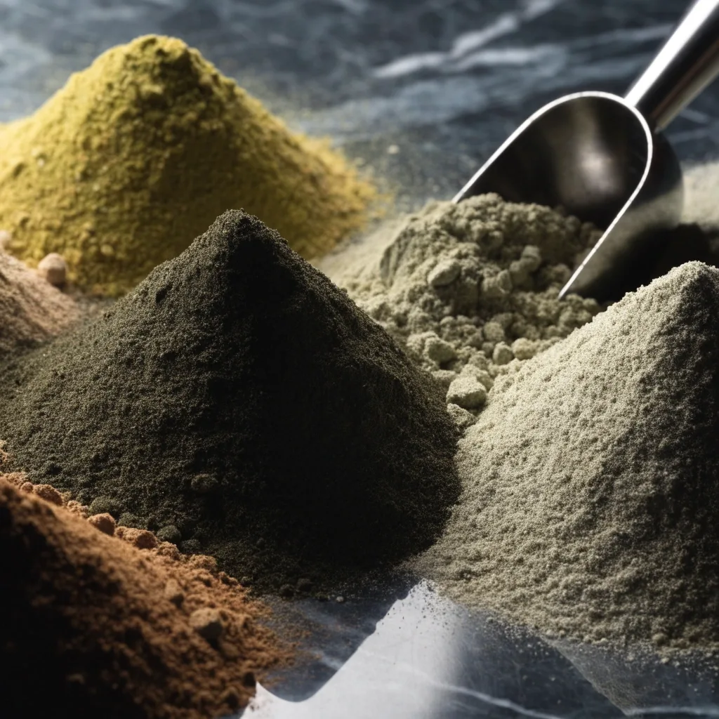 Montones de polvos vegetales en distintos tonos de verde sobre mármol oscuro con una cuchara de acero semienterrada