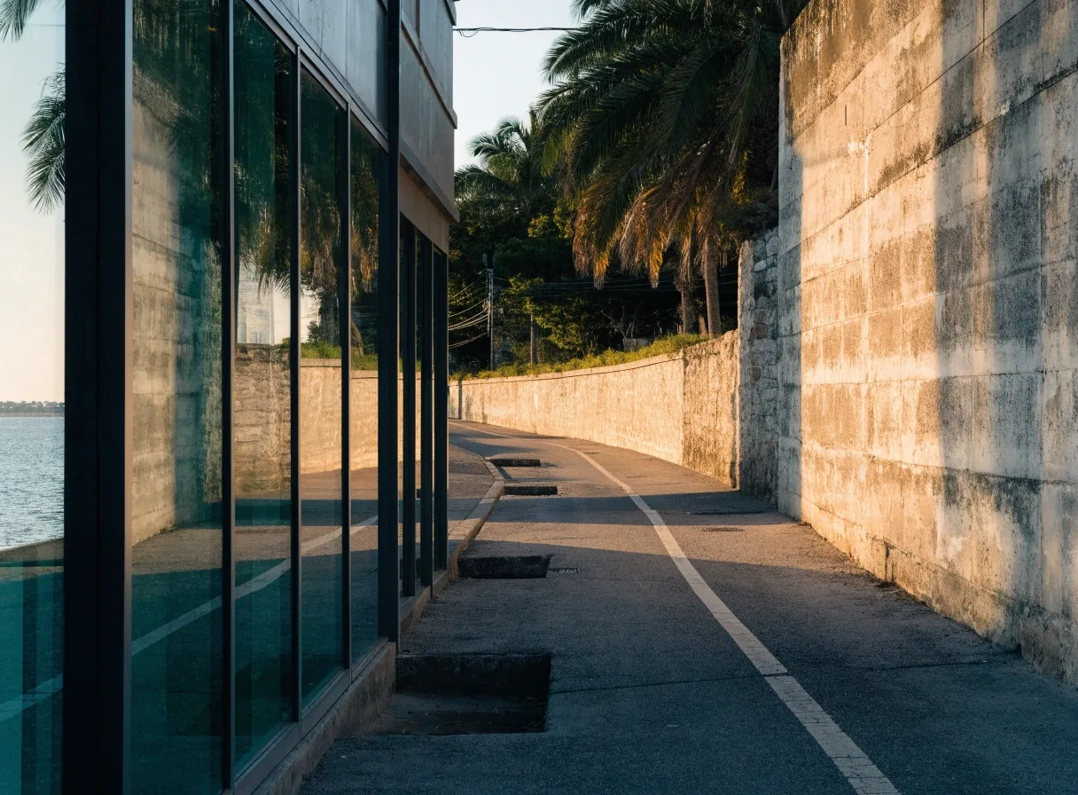 Fachada de vidrio contemporánea con reflejos verdes de árboles al atardecer