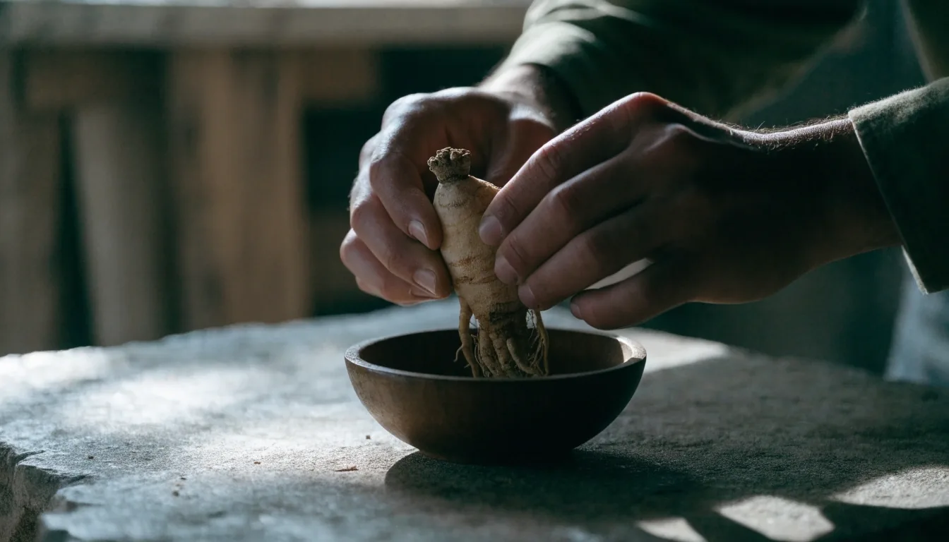 Raíces de maca sobre concreto oscuro con luz lateral fría