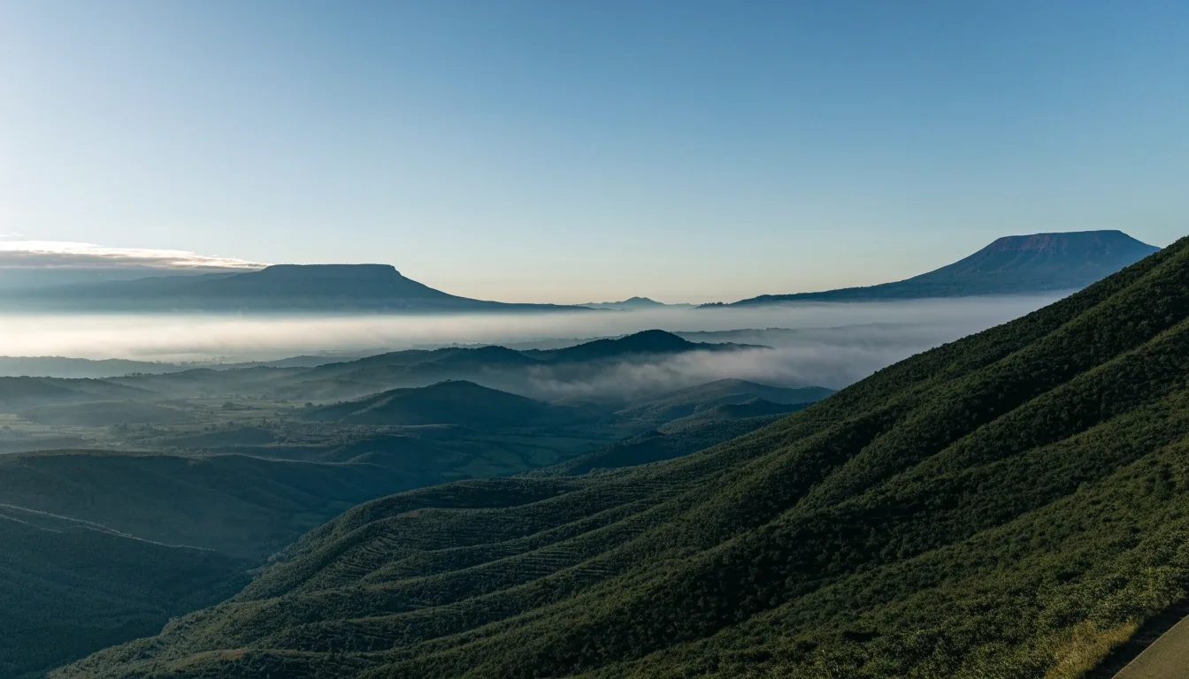 Valle mexicano al amanecer con neblina baja sobre laderas verdes