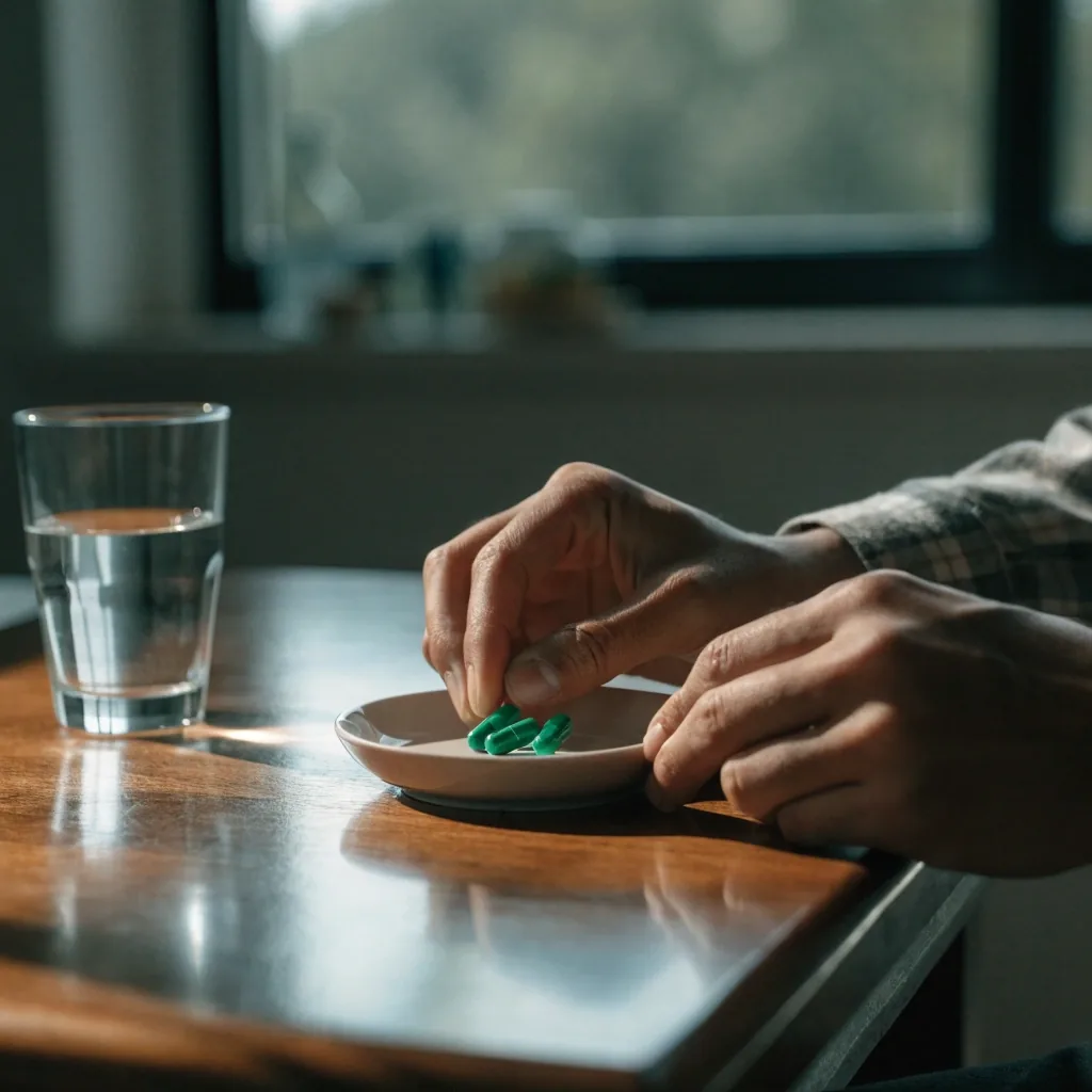 Hombre adulto preparando su desayuno y sus suplementos en una cocina con luz de mañana