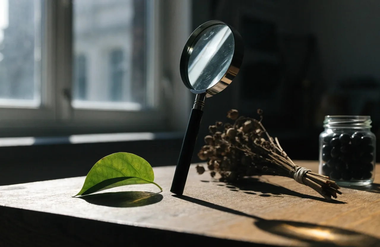 Bancada de trabajo con especímenes botánicos y lupa sobre una hoja