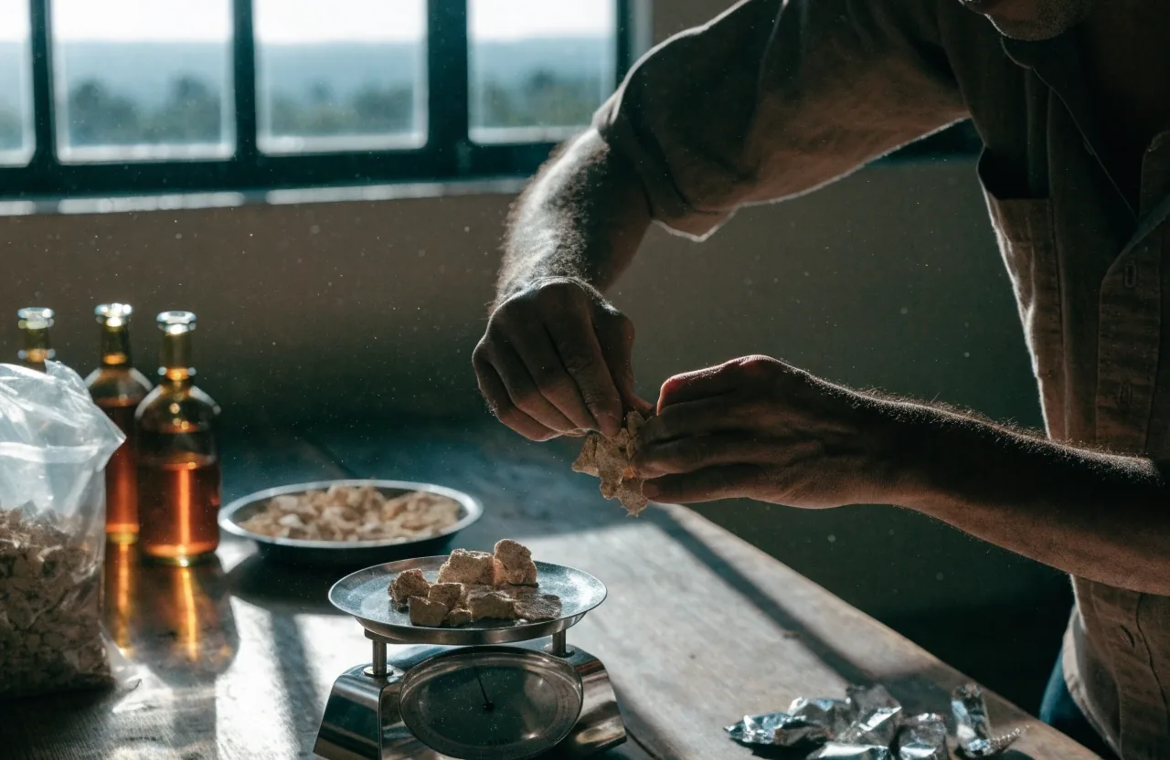 Mesa de trabajo con raíz de maca y hojas frescas en luz fría de invernadero