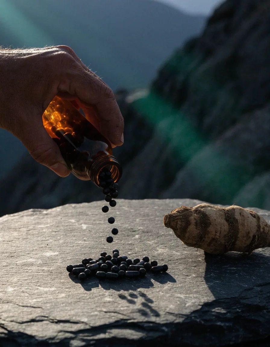 Cápsulas naturales para fuerza y vitalidad ordenadas sobre piedra oscura