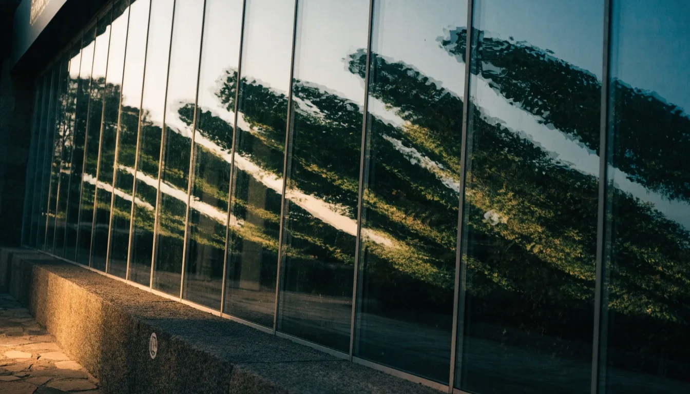 Fachada de vidrio con reflejos vegetales al atardecer
