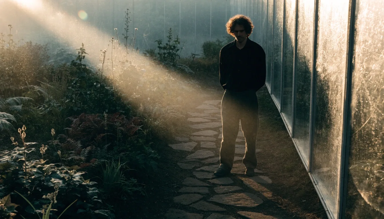 Invernadero botánico al amanecer con luz fría atravesando el follaje y suelo de piedra oscura
